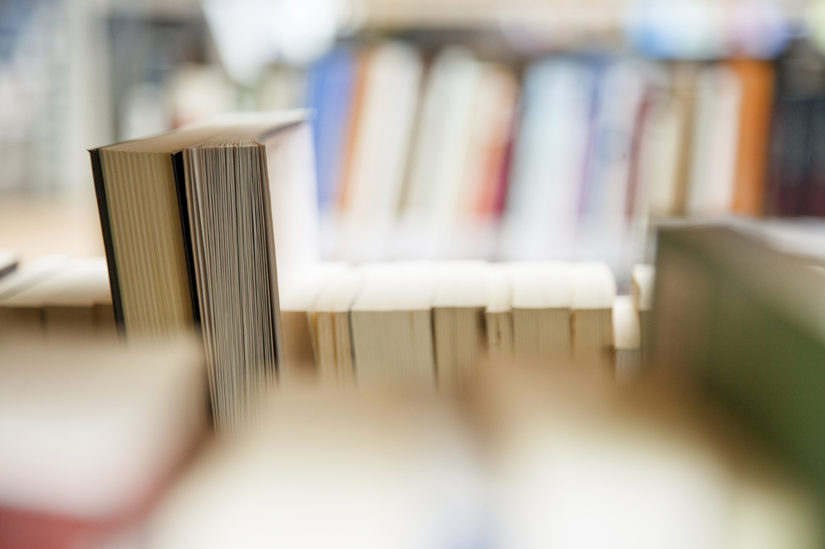 close-up image showing the leaf-sides of two oversized books side-by-side on a bookshelf, with additional books in soft focus background