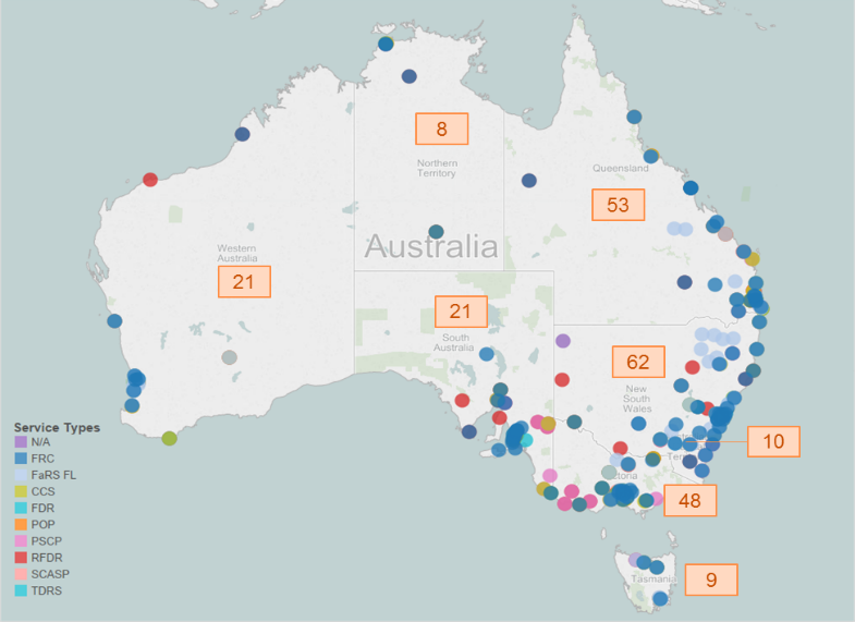 map of australia with all service outlets mapped as small dots, and a large box stating the total number of outlets in each state. service outlets are clustered along the east coast, with nsw hosting the largest number of outlets, at 62. the northern territory has the lowest number of outlets, with 8. further information is provided in the text surrounding.