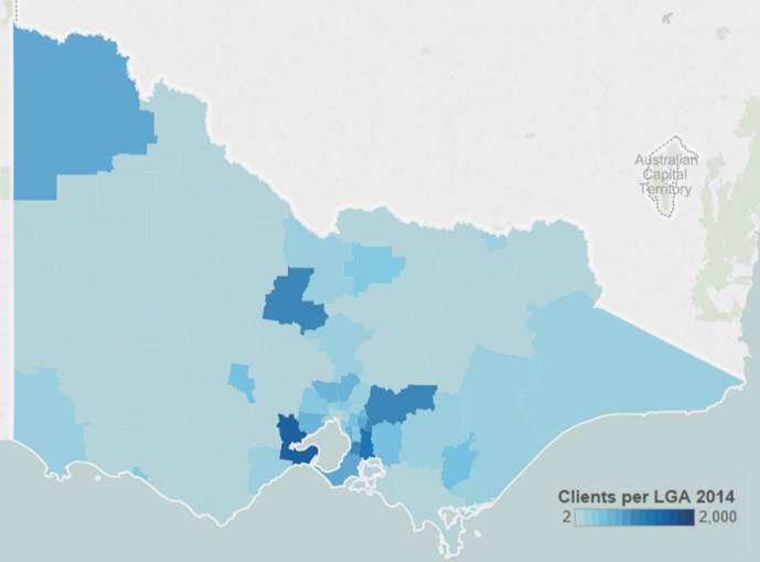map showing the number of clients per lga in victoria (2014). analysis and details in surrounding text.