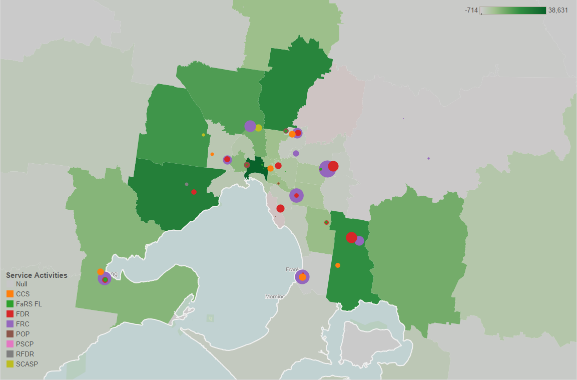 map showing projected population growth in melbourne, 2014-2024, with service outlet locations overlaid. analysis and details in surrounding text.