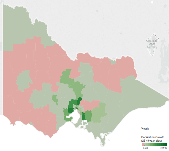 map showing project population growth in victoria, 2014-2024 in the core age group. analysis and details in surrounding text.