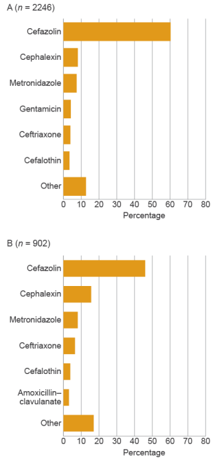 bar chart showing agents used for surgical prophylaxis (cefazolin, cephalexin, metronidazole, gentamicin, ceftriaxone, cefalothin, other; n = 2246) and those that were inappropriate (cefazolin, cephalexin, metronidazole, ceftriaxone, cefalothin, amoxicillin–clavulanate, other; n = 902). most notably, cefazolin was used for 60% of surgical prophylaxis, but its use was deemed inappropriate 46% of the time.