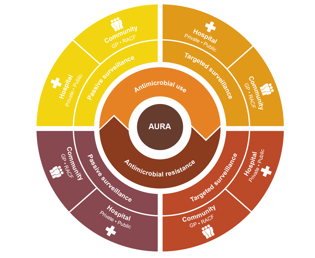 diagram of the eight elements of the aura surveillance system. the system covers antimicrobial use and antimicrobial resistance, each of which is split into passive surveillance and targeted surveillance. each type of surveillance is further split into hospital surveillance (private and public) and community surveillance (general practitioners and residential aged care facilities).