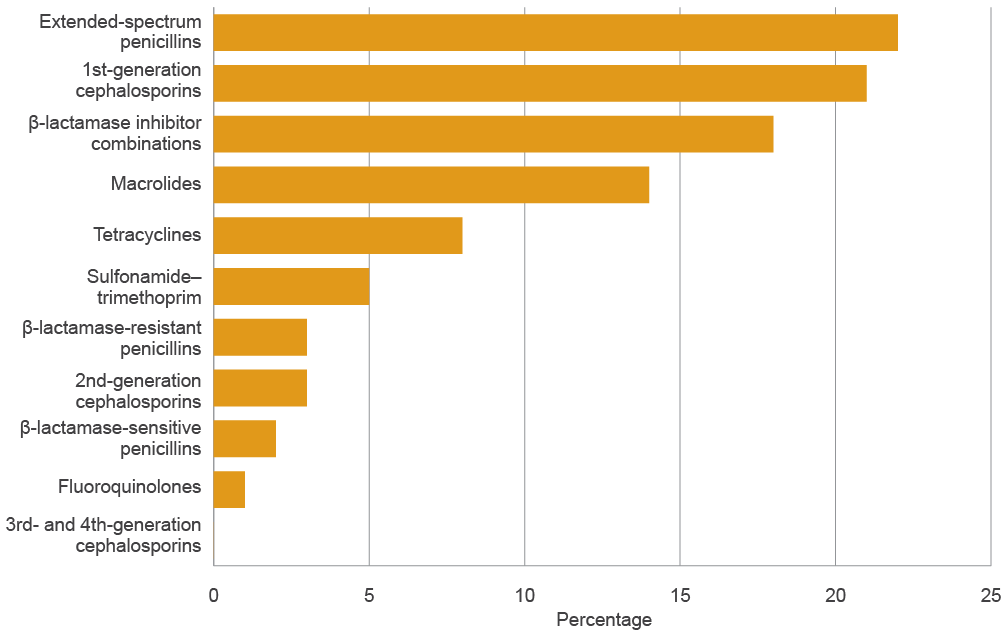 bar chart showing systemic antimicrobials dispensed by class: extended-spectrum penicillins (22%), first-generation cephalosporins (21%), beta-lactamase inhibitor combinations (18%), macrolides (14%), tetracyclines (8%), sulfonamide–trimethoprim (5%), beta-lactamase-resistant penicillins (3%), second-generation cephalosporins (3%), beta-lactamase-sensitive penicillins (2%), fluoroquinolones (1%), third- and fourth-generation cephalosporins (0%).