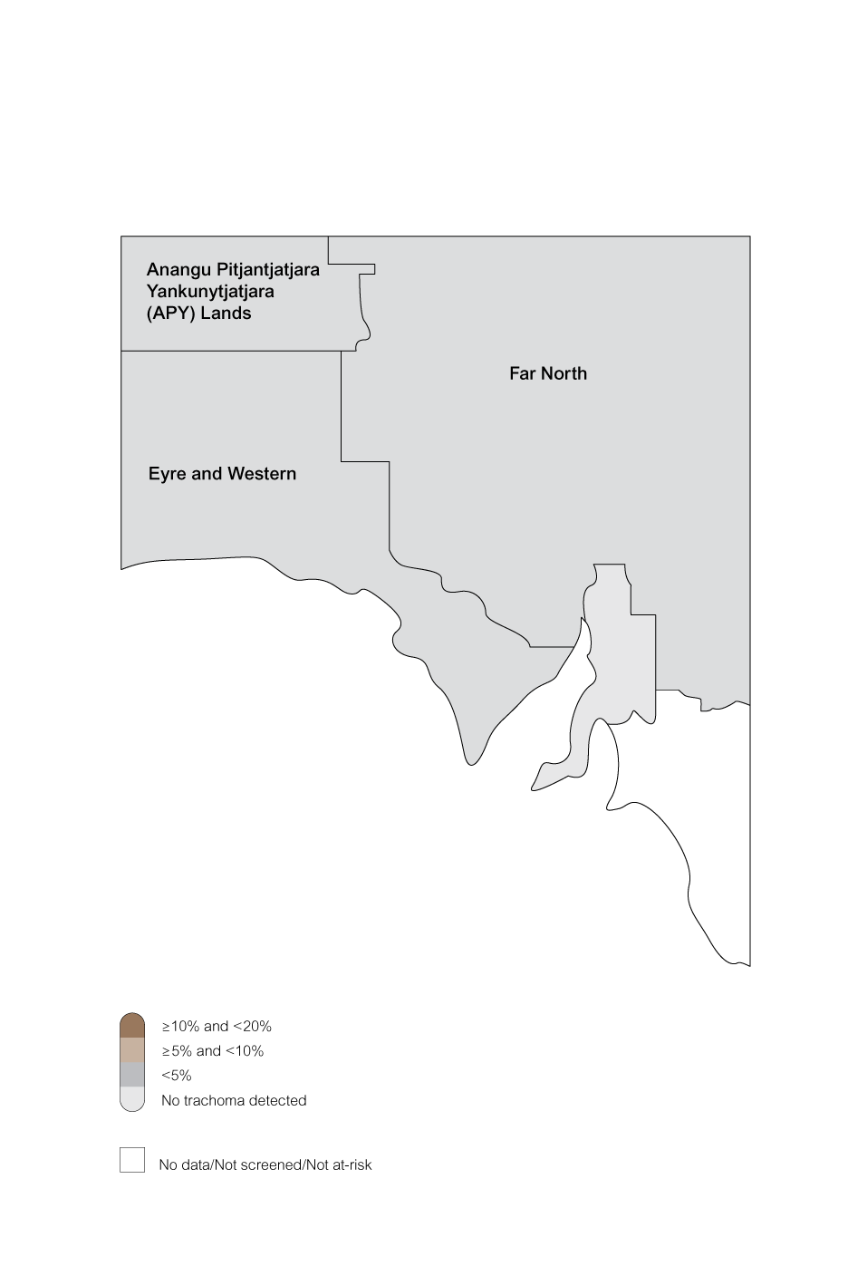 trachoma prevalence in children aged 5-9 years in all at-risk communities by region, south australia, 2016 figure 3.1 is a map of south australia, divided into the 5 regions, to illustrate the trachoma prevalence in children aged 5 to 9 years. three regions indicate there is a prevalence of less than 5% in anangu pitjantjatjara (apy) lands, eyre and western region, and far north region. no trachoma is detected in the southern central region, and there was no data for the south eastern region.