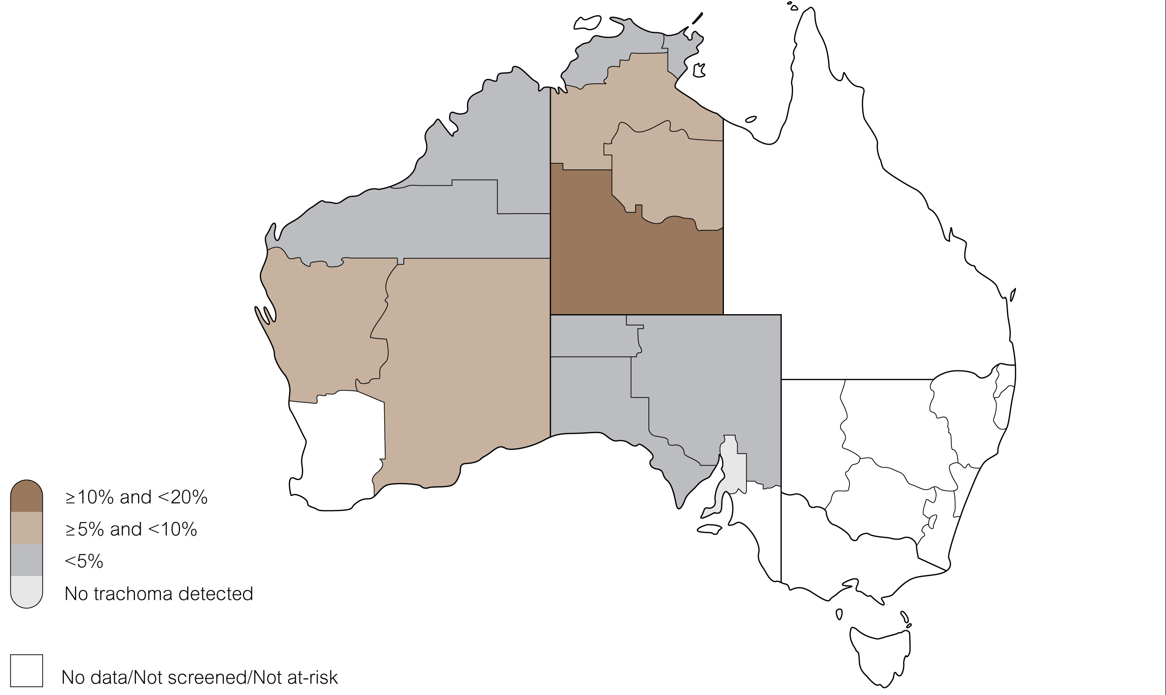 trachoma prevalence in children aged 5-9 years in all at-risk communities by region, australia 2016 figure 1.1 is a map of australia, divided by states and territories in regions where trachoma prevalence in children aged 5 to 9 years are recorded in 5 categories: 1. areas where no data has been collected, no screening has been done, or has been considered not at-risk of trachoma are queensland, new south wales, victoria, tasmania, the south west corner of western australia, and the south east corner of south australia. 2. no trachoma was detected southern region in south australia. 3. less than 5% are in the regions of the kimberly and pilbara (wa); darwin rural and east arnhem (nt); the anangu pitjantjatjara yankunytjatjara lands, eyre and western, and far north (sa). 4. between 5% and 10% are midwest and goldfields (wa), and katherine and barkly (nt). 5. between 10% and 20% is alice spring remote.