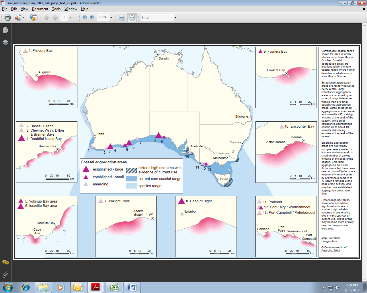 detailed map showing locations on australia\'s southern coastline where southern right whale occur - p.22 has geographic coordinates