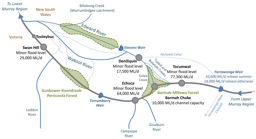 the key focus areas are on the edward river, the gunbower-koondrook-perricoota forest on the wakool river below torrumbarry weir and the barmah choke (10,000 ml/d channel capacity) below yarrawonga weir.