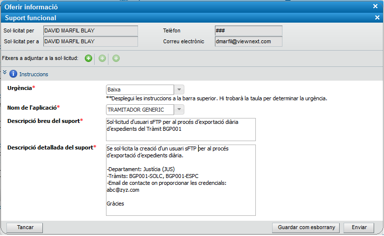 exemple de sol·licitud via portal d’autoservei remedy per a l’alta d’usuari sftp per a l’exportació diària d’expedients