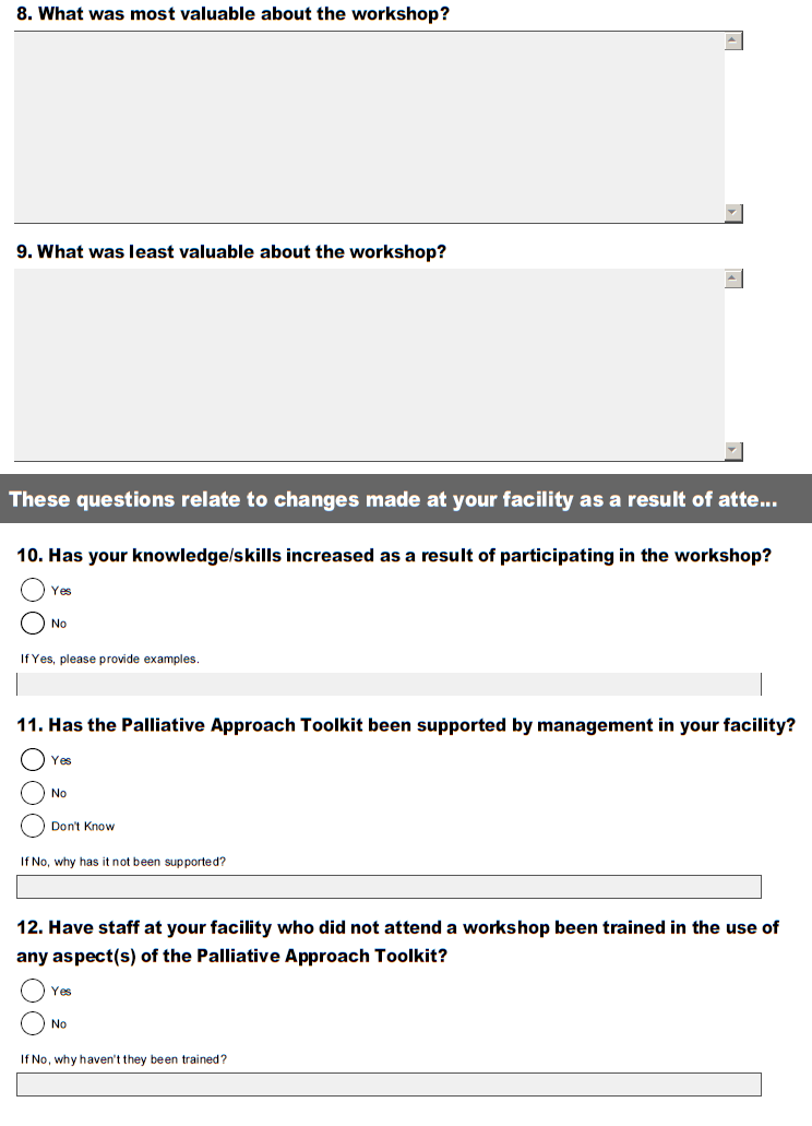 appendix 6 is a visual mage of the palliative approach toolkit survey used in this evaluation report. this image relates to questions 8 to 12.