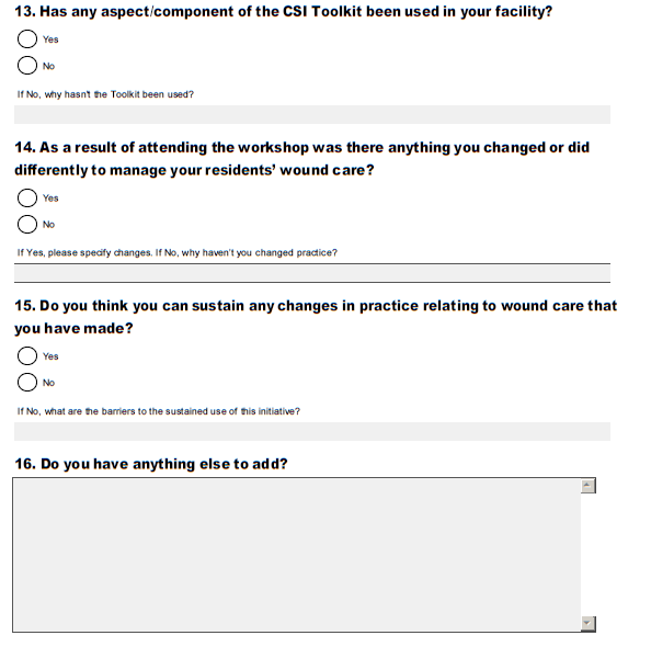appendix 5 is a visual mage of the champions for skin integrity (csi) survey used in this evaluation report. this image relates to questions 13 to 16.