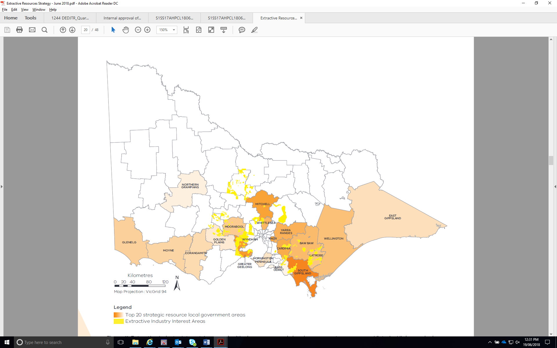 map of victoria carved up by lgas. the top 20 strategic resource lgas are coloured (from south gippsland as the most important lga). overlaid are eiias - around two thirds of which occur in the top 20 lgas. 