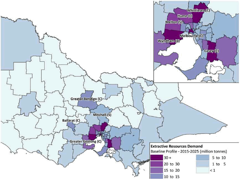 image is a map of victoria broken up by local government areas. highlighted lgas have significant demand projections for extractive resources to 2026. the highest demand areas are melbourne city, casey, wyndham and whittlesea. they are followed by hume and melton.