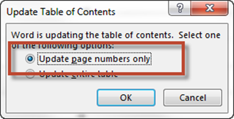 in the update table of contents dialog, two options are available. the update page numbers option is highlighted. 