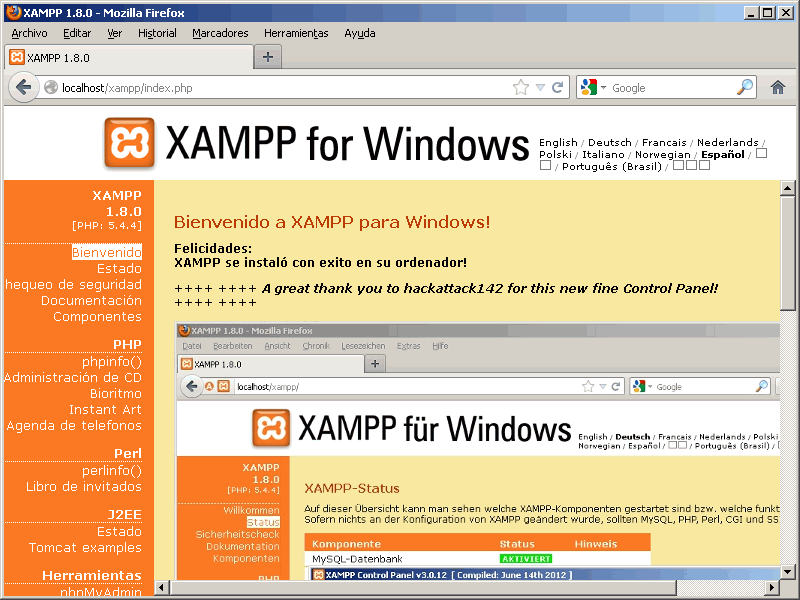 página inicial de xampp