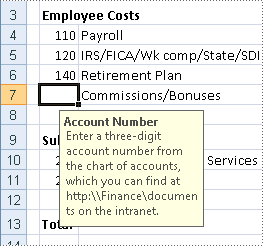 selected cell and input message