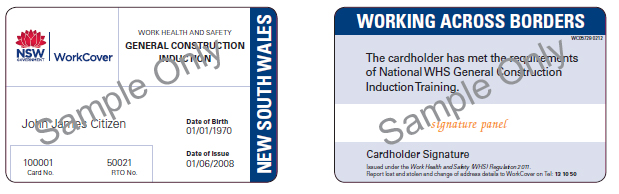 front and back of sample nsw construction induction card (from 1 january 2012)