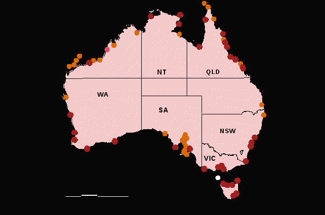 the image shows a map of australia marking ports and facilities with surveyed locations.