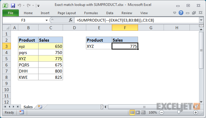 excel formula: exact match lookup with sumproduct