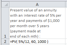 example of use of the excel pv function