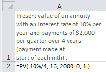 example of use of the excel pv function
