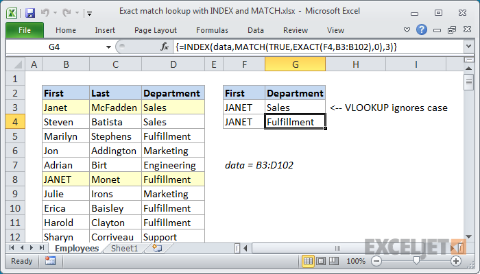 excel formula: exact match lookup with index and match