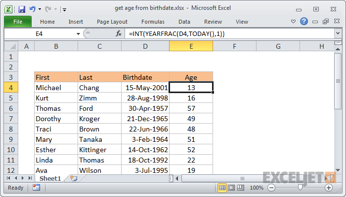 excel formula: get age from birthday