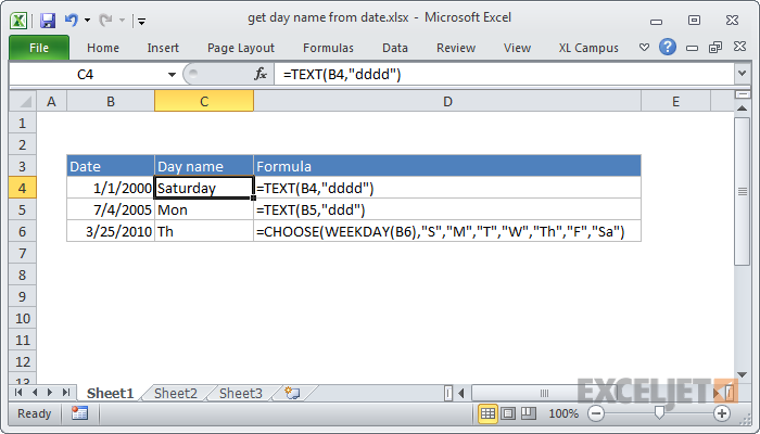 excel formula: get day name from date