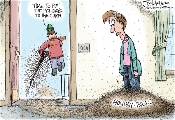holiday bills © joe heller,green bay press-gazette,holiday bills,needles,christmas tree,spending,credit cards,christmas 2012