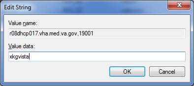 edit string value name (field): r08dhcp017.vha.med.va.gov,19001 value data (field): xkgvista buttons: ok and cancel