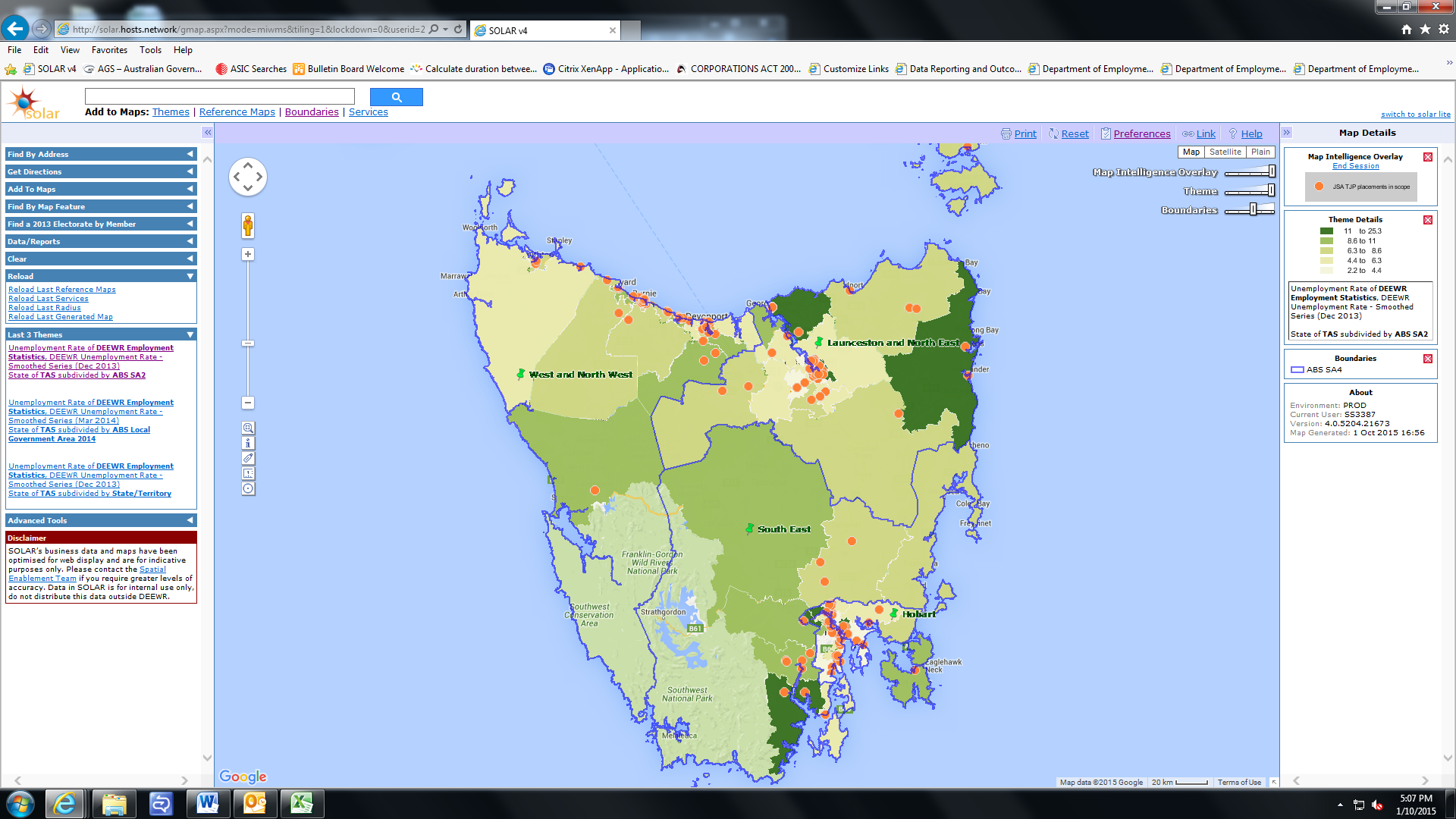 google map of tasmania showing geographic location of tjp placements between 1 january 2014 and 31 july 2015. fairly equal numbers of recipients in three of the four regions: hobart; launceston and north east; and west and north west regions and less in the south east region.