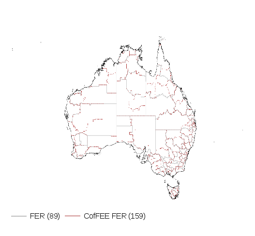 this map shows the boundaries of each functional economic region (fer) and compares them with fers constructed by the centre of full employment and equity (coffee). there are 89 fers compared with 159 coffee fers. 