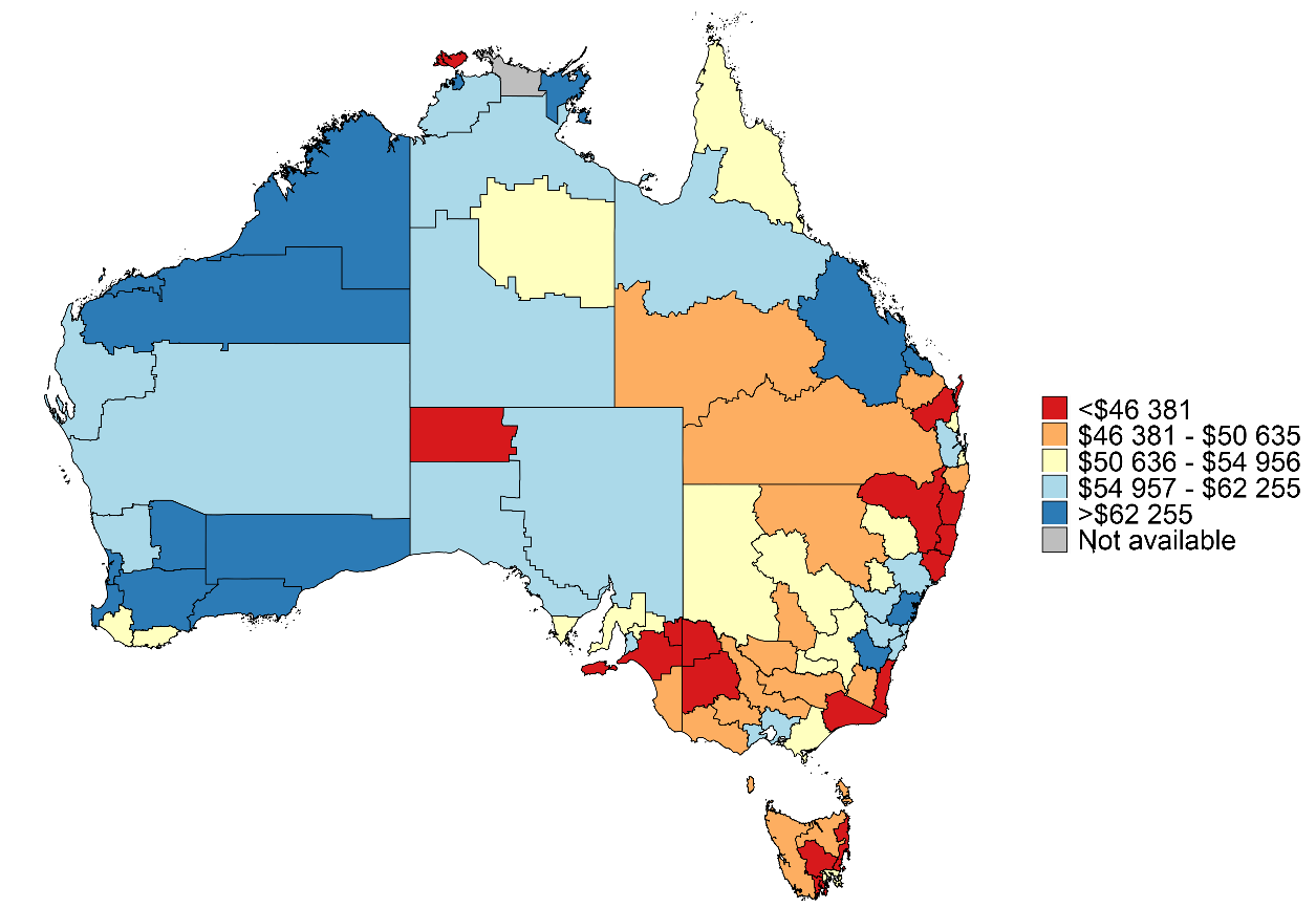 the figure shows a map of australia with income ranges across all functional economic regions in 2014-15. mining regions had the some of the highest income levels.