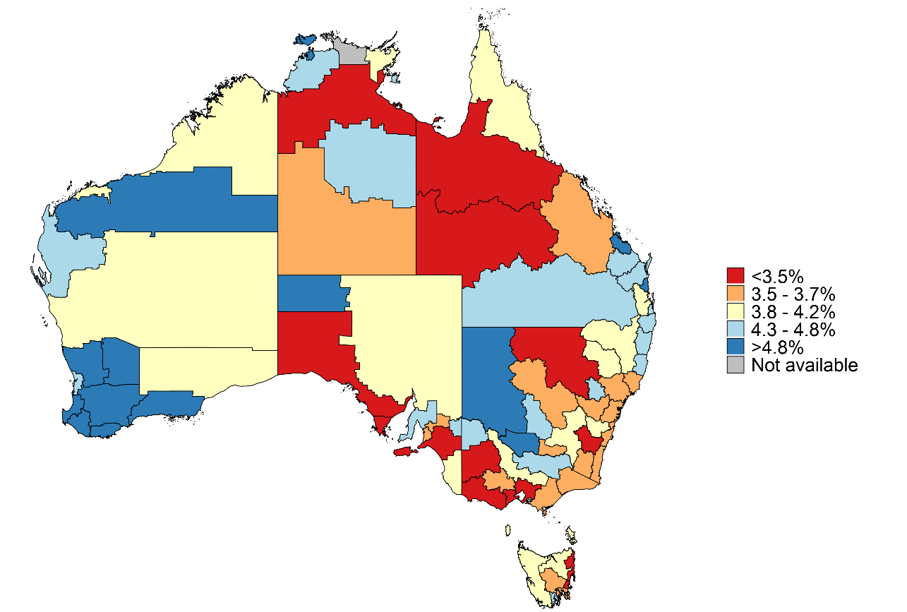 the figure shows a map of australia with the income growth between 2010-11 and 2014-15 for each functional economic region. income growth has been high in some agricultural regions but also in some mining regions.