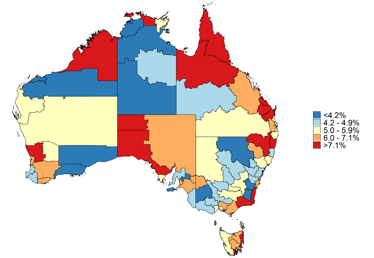 the figure shows unemployment rates for each functional economic region across australia. it shows that unemployment rates are highest in remote regions.