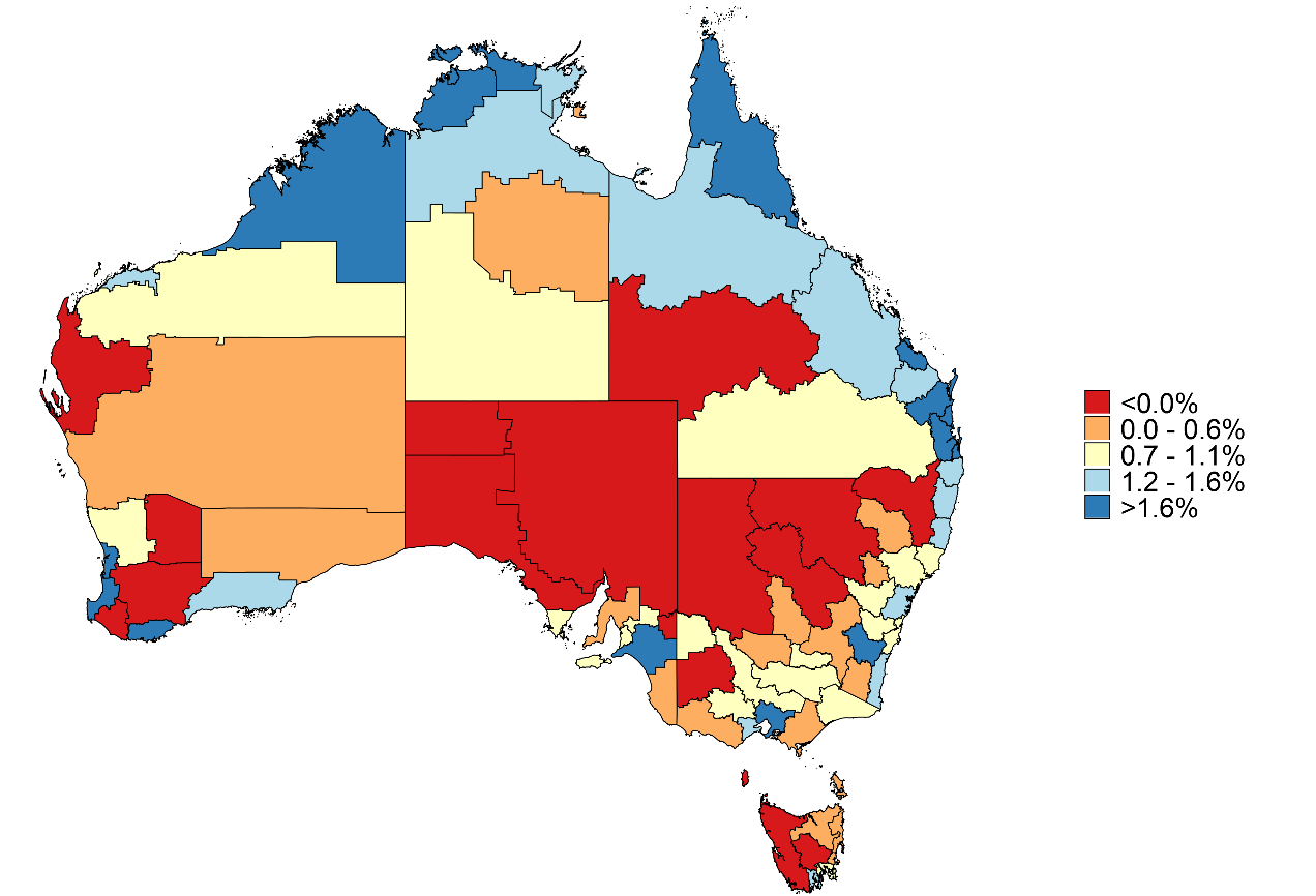 this figure is a map showing annual average population change between 1991 and 2016 across australia. low population growth regions are inland or a long distance from capital cities. high population growth regions are capital cities or on the coast.