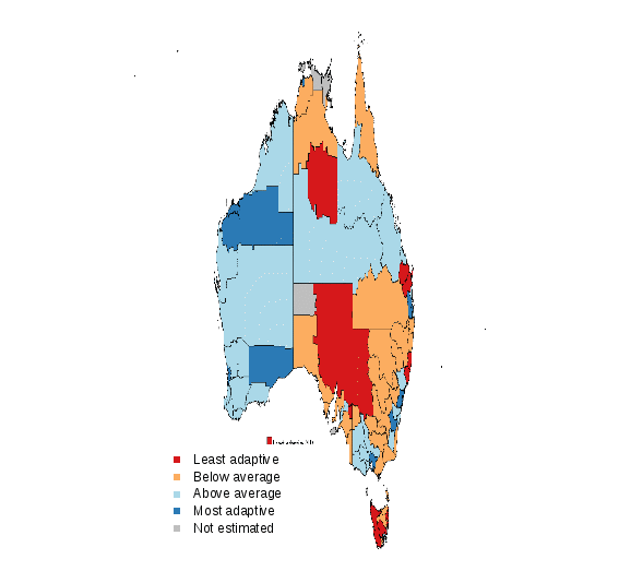 this figure shows a map of the relative adaptive capacity of regions in 2011, as per the commission’s index using the single pca approach. regions are coloured according to their adaptive capacity category. further information can be found in the text surrounding the figure.