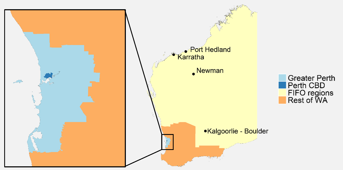 this figure contains a map defining the main mining employment and residential regions in western australia. these are perth city, perth suburbs, fifo regions and rest of wa.