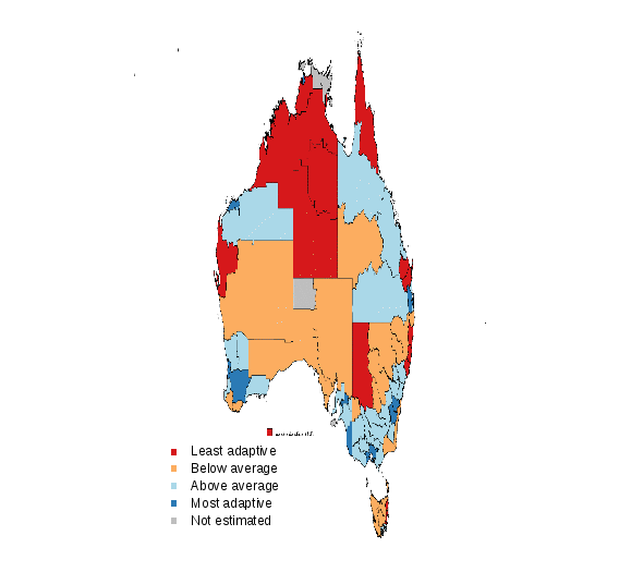 this figure shows a map of the adaptive capacity of australia’s regions, as per the commission’s index using the nested pca approach. regions are coloured according to their adaptive capacity category. further information can be found in the text surrounding the figure.