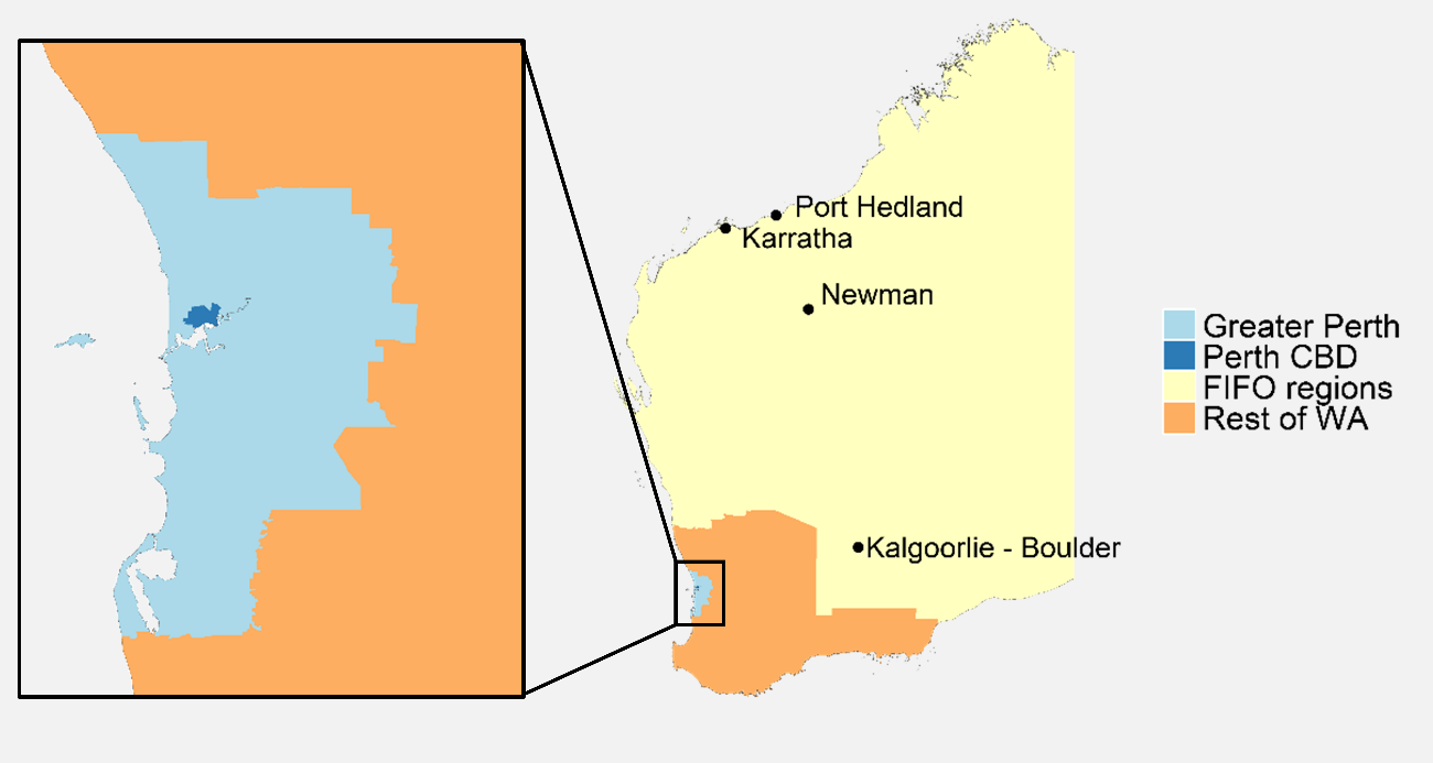 this figure contains a map defining the main mining employment and residential regions in western australia. these are perth city, perth suburbs, fifo regions and rest of wa.