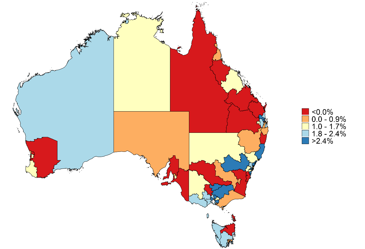 this figure illustrates employment growth rates across australia for each statistical area level 4 region, for the past 5 years. employment has grown in most regions.