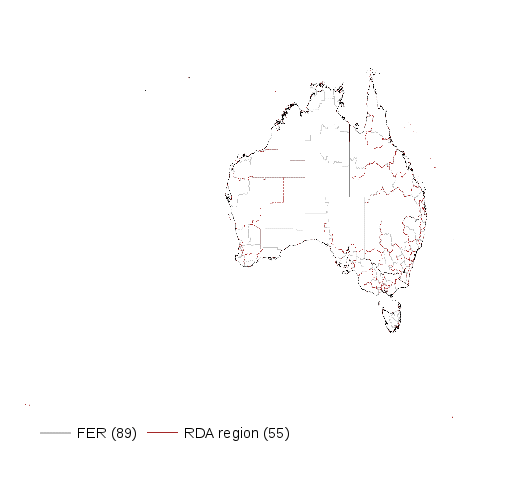 this map shows the boundaries of each functional economic region (fer) and compares them with the boundaries of rda (regional development australia) regions. there are 89 fers compared with 55 rda regions.