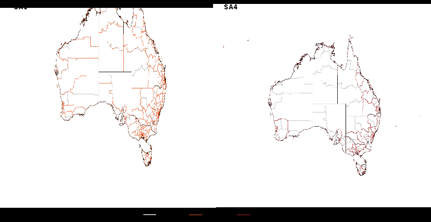 this map shows the boundaries of each functional economic region (fer) and compares them with the boundaries of statistical area level 3 and 4 (sa3 and sa4) regions. there are 89 fers compared with 333 sa3s and 88 sa4s.