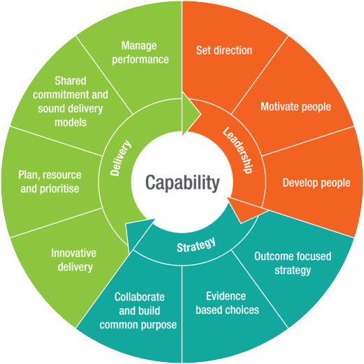 chart: the relationships between the elements of capability - leadership, strategy and delivery