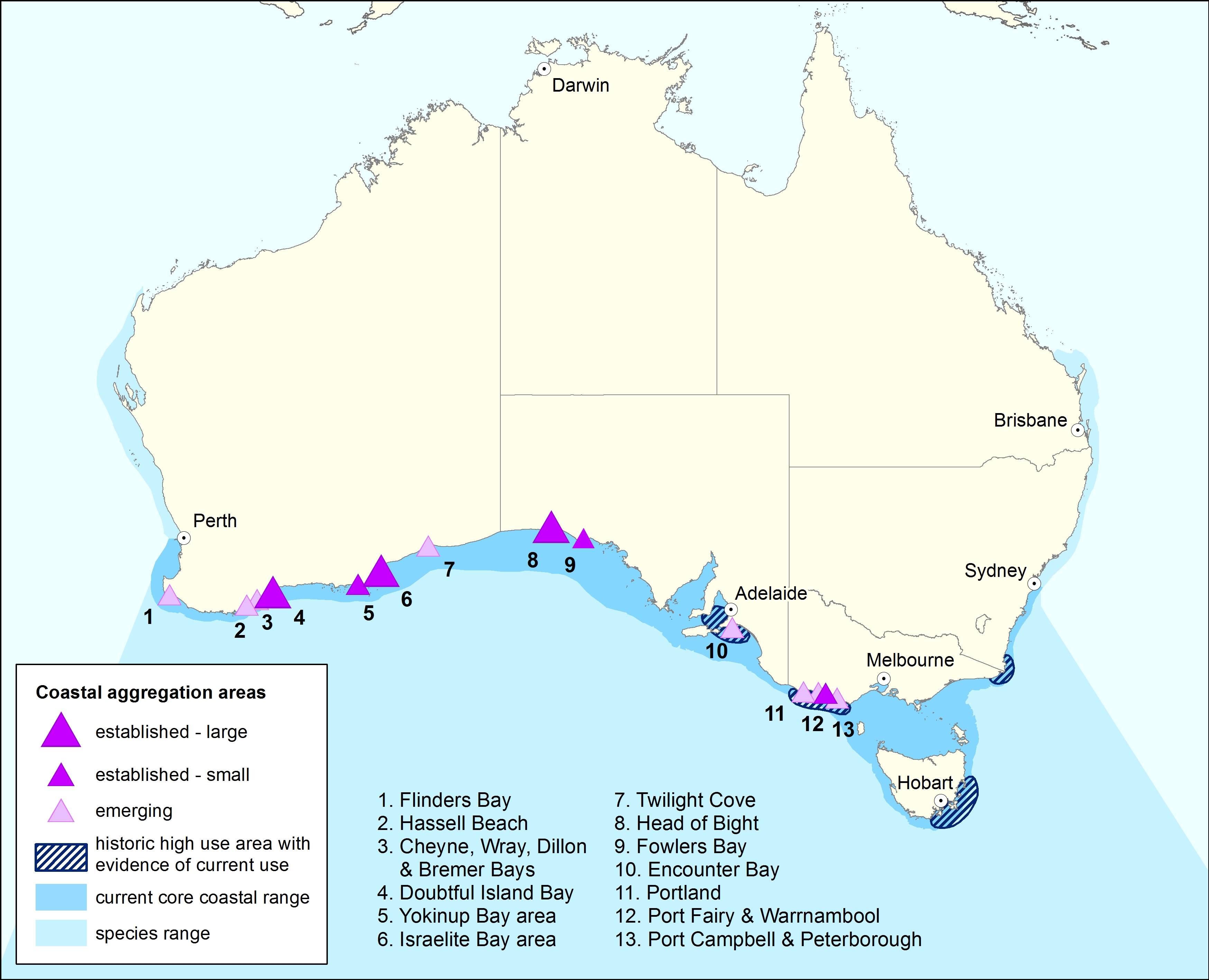 map showing locations on australia\'s southern coast where southern right whale occur